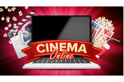 Online Cinema Vector. Banner With Laptop. Film Industry Elements. Film Tape For Cinematography. Billboard, Promo Concept Illustration.