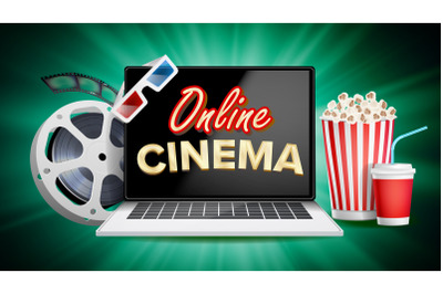 Online Cinema Poster Vector. Modern Laptop Concept. Home Online Cinema. Package Full Of Jumping Popcorn. Luxury Banner, Poster Illustration.