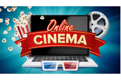 Online Cinema Poster Vector. Modern Laptop Concept. Home Online Cinema. Package Full Of Jumping Popcorn. Luxury Banner&2C; Poster Illustration.