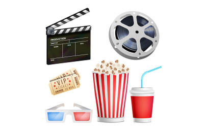 Cinema Movie Icons Set. Realistic Items Film Festival Directors Attributes TV. Cinematography Movie Festival Concept. Isolated Illustration