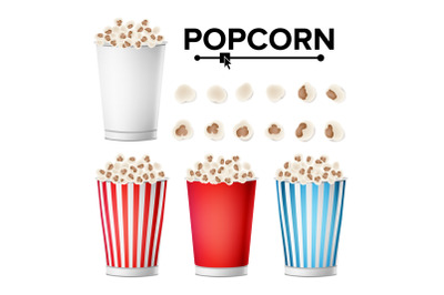 Popcorn Cup Set Vector. Realistic Classic Cup Full Of Popcorn. For Cinema, Movie, Film, Food, Theater Design. Isolated Illustration