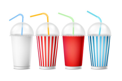 Soda Cup Template Vector. 3d Realistic Paper Disposable Cups Set For Beverages With Drinking Straw. Isolated On White Background. Packaging Illustration