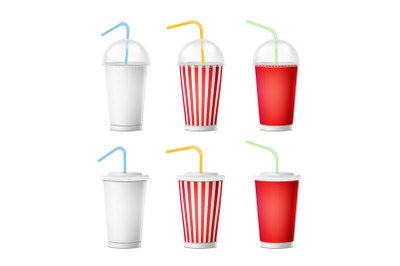 Soda Cup Template Vector. 3d Realistic Paper Disposable Cups Set For Beverages With Drinking Straw. Isolated On White Background. Packaging Illustration