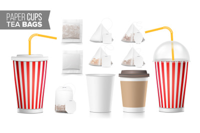 Realistic Blank Ocher Paper Cups Vector. Tea Bags Mock Up. Coffee Cup Blank. Soda, Soft Drinks Cup Template. Tube Straw. 3D Object Isolated On White. Fast Food Illustration