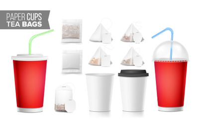 Take-out Ocher Paper Cups, Tea Bags Mock Up Vector. Big Small Coffee Cup. Cola, Soft Drinks Cup Template. Tube Straw. 3D Cardboard Object. Isolated Illustration