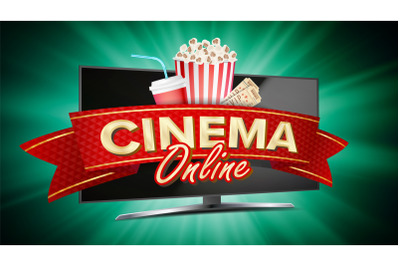 Online Cinema Banner Vector. Realistic Computer Monitor. Movie Brochure Design. Template Banner For Movie Premiere&2C; Show. Marketing Luxury Poster Illustration.