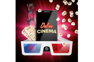 Online Cinema Banner Vector. Realistic Smart Phone. Template For Placard&2C; Promotion Material. Online Cinema Background. Luxury Banner Illustration.