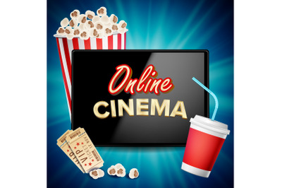 Online Cinema Banner Vector. Realistic Tablet. Popcorn&2C; Drink&2C; Clapping Board. Billboard&2C; Marketing Luxury Illustration.