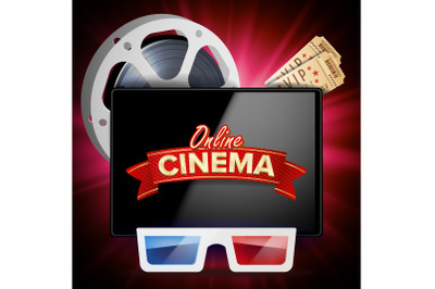 Online Cinema Poster Vector. Modern Mobile Tablet Concept. Realistic Cinematography Theme Design. Advertising Concept Illustration.