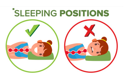 Sleeping Position Vector. Pillow. Curvature Of Human Spine. Neck. Spine Support. Comfortable Bed. Isolated Comparative Illustration