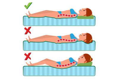 Orthopedic Mattress Vector. Sleeping Position. Correct And Incorrect. Spine Support Pose. Curvature Of Human Spine. Various Mattresses. Isolated Flat Illustration