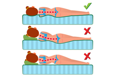 Orthopedic Mattress Vector. Sleeping Position. Bad And Good. Various Mattresses. Comfortable Bed. Pillow. Correct Spine Sleeping Position. Isolated Comparative Illustration