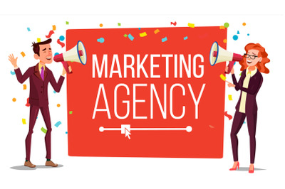 Marketing agency Banner Vector. Inbound&2C; Outbound Marketing Banner. Male&2C; Female With Megaphone&2C; Loudspeaker. Place For Text. Isolated Illustration