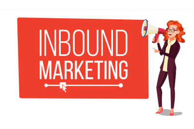 Inbound Marketing Banner Vector. Female With Megaphone. Place For Text. Loudspeaker. Web Pages&2C; Social&2C; Call to Action. Speech Bubble. Isolated Illustration