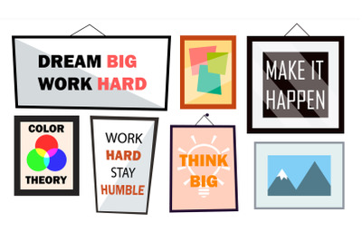 Office Interior Pictures Set Vector. Different Frames With Motivational Text. Isolated Illustration