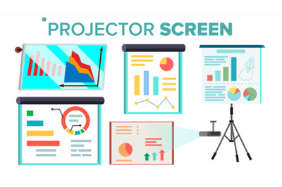 Projector Screen Set Vector. Presentation With Graph. Whiteboard. Seminar, Lecture, Business Conferences, Training Staff, Meeting. Isolated Illustration