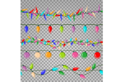 Christmas Lights Set Vector. Flat Beautiful Light Background. Color Garlands. Isolated On Transparent Background Illustration