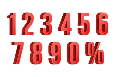 3D Red Discount Numbers Vector. Percent. Numbers From 0 to 9. Percentage Icon Set In 3D Style. Isolated On white Illustration