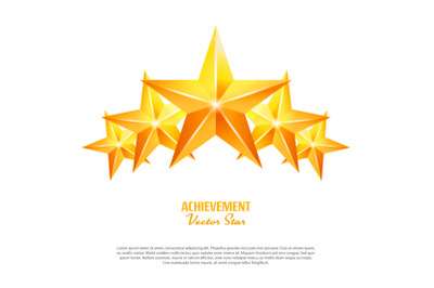 Three Achievement Vector Stars. Yellow Sign. Golden Decoration Symbol. 3d Shine Icon Isolated On White Background.