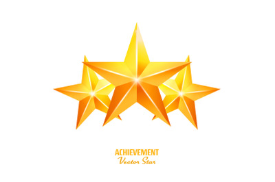 Three Achievement Vector Stars. Yellow Sign. Golden Decoration Symbol. 3d Shine Icon Isolated On White Background.