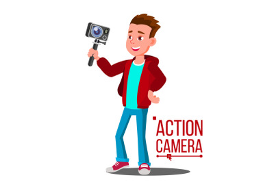 Child Boy With Action Camera Vector. Self Video, Portrait. Shooting Process. Isolated Cartoon Illustration