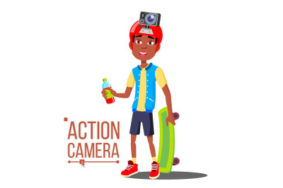 Child Boy With Action Camera Vector. Afro American Teenager. Red Helmet. Shooting Process. Active Type Of Rest. Isolated Cartoon Illustration