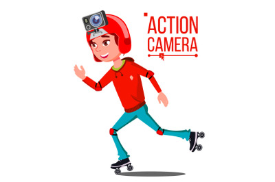 Child Girl With Action Camera Vector. Teenager. Red Helmet. Shooting Process. Active Type Of Rest. Recording Video. Isolated Cartoon Illustration