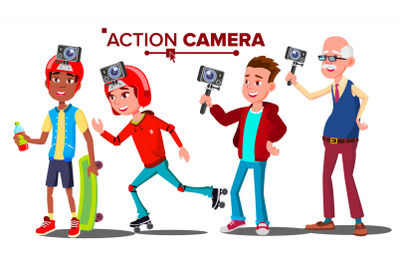 People With Action Camera Set Vector. Self Video, Portrait. Shooting Process. Active Type Of Rest. Isolated Cartoon Illustration