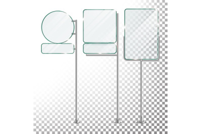 Glass Billboard Vector Isolated On Transparent Background. Advertising POS Stand Banner Mockup Illustration. Empty Glass Screen Banner Set.