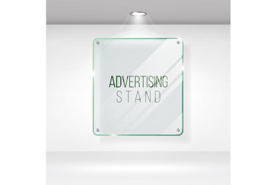 Advertising Stand Glass Vector. Realistic Glass On A Wall With Lights. Good For Images And Advertisement. Banner Template For Designers. Vector EPS 10