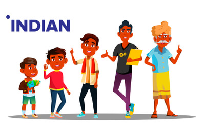 Indian Generation Male Set People Person Vector. Indian Grandfather&2C; Father&2C; Son&2C; Grandson&2C; Baby Vector. Vector. Isolated Illustration