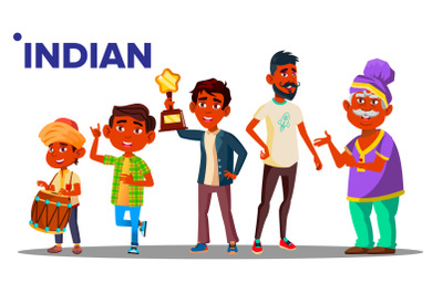 Indian Generation Male People Person Vector. Indian Grandfather, Father, Son, Grandson, Baby Vector. Isolated Illustration