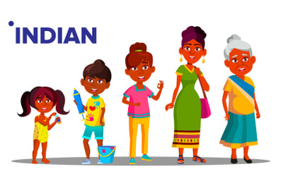 Indian Generation Female Set People Person Vector. Indian Mother, Daughter, Granddaughter, Baby. Isolated Illustration