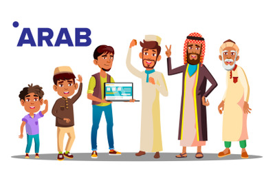 Arab&2C; Muslim Male People Person Vector. Grandfather&2C; Father&2C; Son&2C; Grandson&2C; Baby Vector. Isolated Illustration