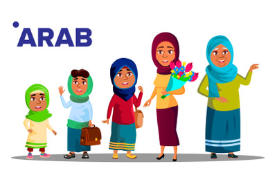 Arab, Muslim Generation Female Set People Person Vector. Mother, Daughter, Granddaughter, Baby. Isolated Illustration