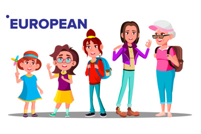 European Generation Female People Person Vector. Mother, Daughter, Granddaughter, Baby, Teen. Vector. Isolated Illustration