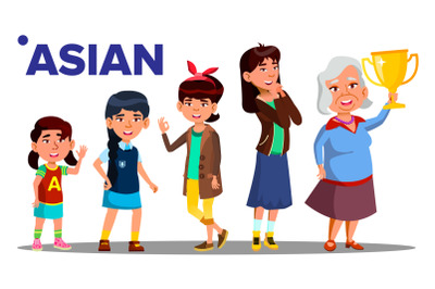 Asiatic Generation Female People Person Vector. Asian Mother, Daughter, Granddaughter, Baby, Teen. Isolated Illustration