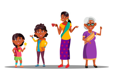 Indian Generation Female Set Vector. Grandmother, Mother, Daughter, Granddaughter, Baby. Vector. Isolated Illustration