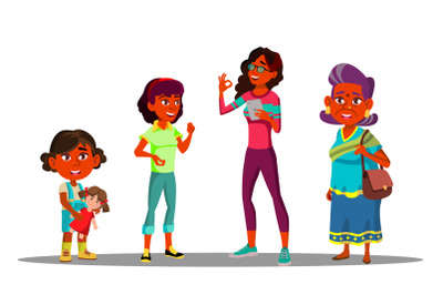 Indian Generation Female Vector. Grandmother, Mother, Daughter, Granddaughter, Baby, Teen. Vector. Isolated Illustration