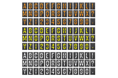Airport Board Vector. Realistic flip scoreboard airport template. Black 3d airport board with alphabet and numbers. Analog airport board font on dark background. Destination airport board eps