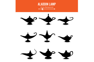 Aladdin lamp Vector. Set Icons Aladdins lamp Signs. Illustration Of Wish And Mystery Souvenir