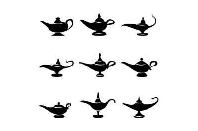 Aladdin lamp Vector. Set Icons Aladdins lamp Signs. Illustration Of Wish And Mystery Souvenir