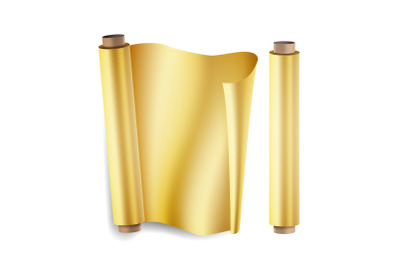 Gold Foil Roll Vector. Close Up Top View. Opened And Closed. Christmas Gift Wrapping. Realistic Illustration Isolated On White