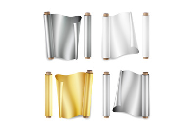 Foil Roll Set Vector. Aluminium, Metal, Gold, Baking Paper. Close Up Top View. Opened And Closed. Realistic Illustration Isolated On White