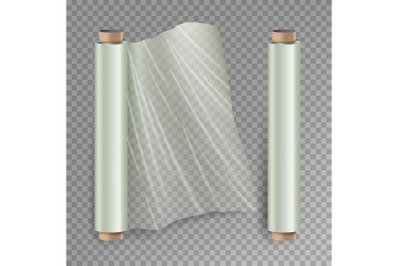 Roll Of Wrapping Stretch Film Vector. Opened And Closed Polymer Packaging. Cellophane, Plastic Wrap. Isolated On Transparent Background Illustration