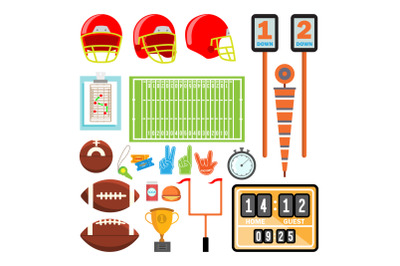 American Football Icons Set Vector. American Football Accessories. Helmet, Ball, Cup, Field. Isolated Flat Cartoon Illustration