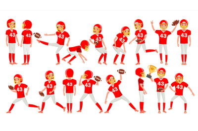 American Football Young Man Player Vector. Red White Uniform. Stadium Football Game. Man. Flat Athlete Cartoon Illustration