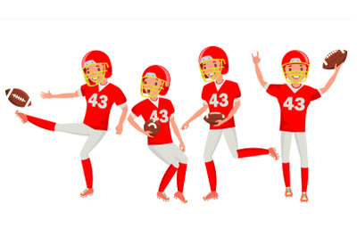 American Football Male Player Vector. Match Tournament. Summer Activity. Playing In Different Poses. Man Athlete. Isolated On White Cartoon Character Illustration