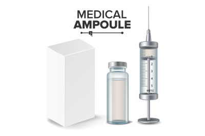 Medical Ampoule&2C; White Package Box&2C; Syringe Vector. Realistic Isolated Illustration