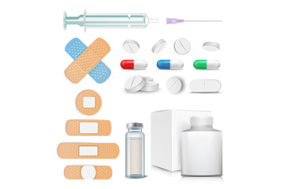 Medical Items Set Vector. Pills, Drugs, Ampoule, Syringe, Patch. Isolated Illustration